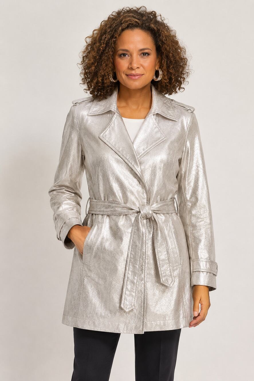 Chicos Silver Twinkle Reese Leather Trench Coat Metallic Womens Large Chicos 2